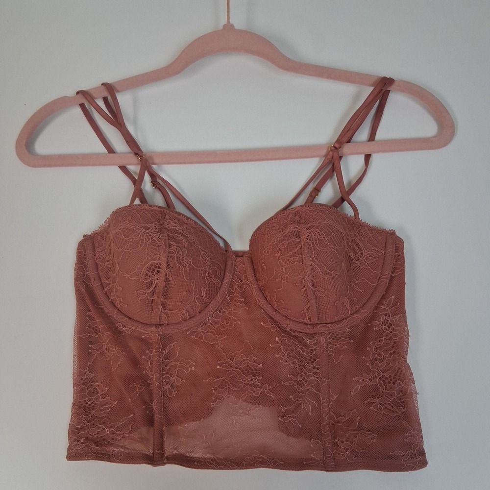 Victoria's Secret Dusty Rose Lace Bustier Corset Top • Strappy Y2K Mesh Lingerie